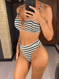 New Black White Striped Cut Out Female Swimsuit High Waist Bikini Women Swimwear Two-pieces Bikini set Bather Bathing Suit