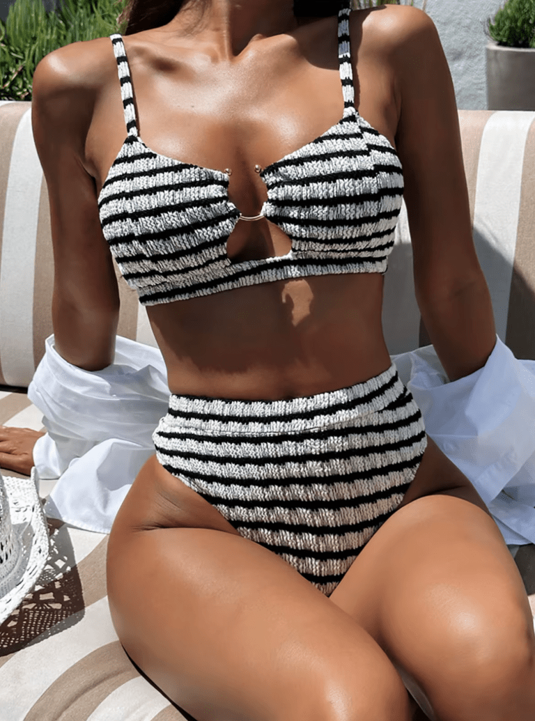 New Black White Striped Cut Out Female Swimsuit High Waist Bikini Women Swimwear Two-pieces Bikini set Bather Bathing Suit