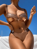 2025 Sexy Gold PU Leather Bikini – U Wire Cut-Out Swimsuit