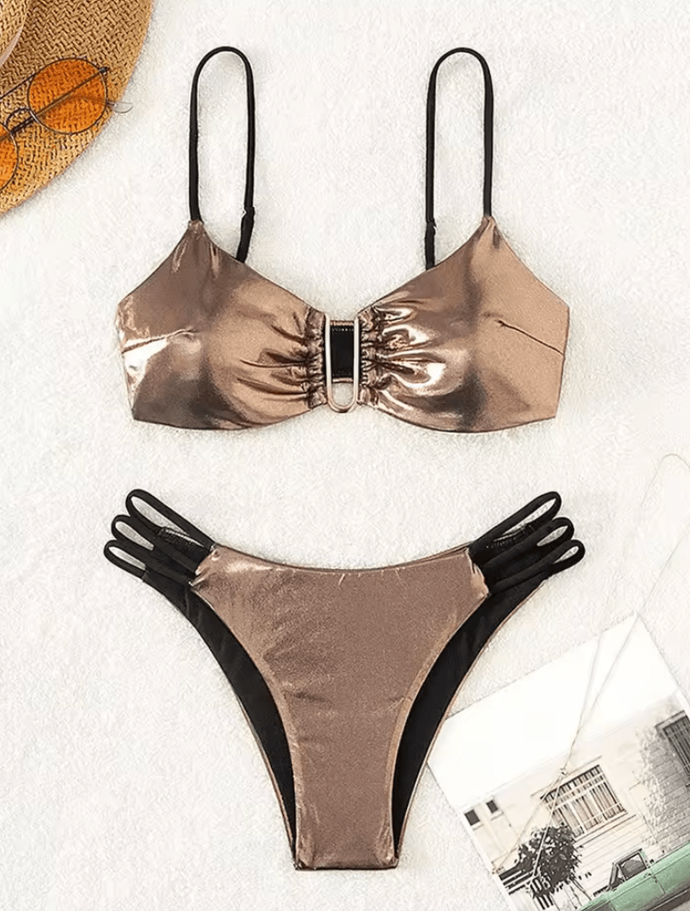 2025 Sexy Gold PU Leather Bikini – U Wire Cut-Out Swimsuit
