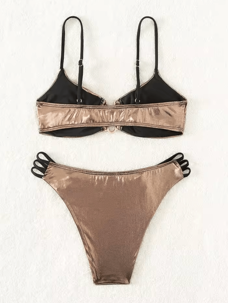 2025 Sexy Gold PU Leather Bikini – U Wire Cut-Out Swimsuit