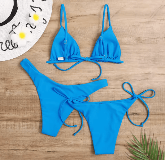 Sexy 3-Piece Bikini Set for Women – Solid Color Push-Up Triangle Swimsuit, Brazilian Style – Blue & Purple