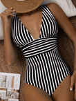 2025 Women’s Striped One Piece Swimsuit – Sexy V-Neck Bathing Suit, Tummy Control Swimwear, Summer Beachwear Bodysuit