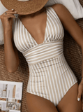 2025 Women’s Striped One Piece Swimsuit – Sexy V-Neck Bathing Suit, Tummy Control Swimwear, Summer Beachwear Bodysuit
