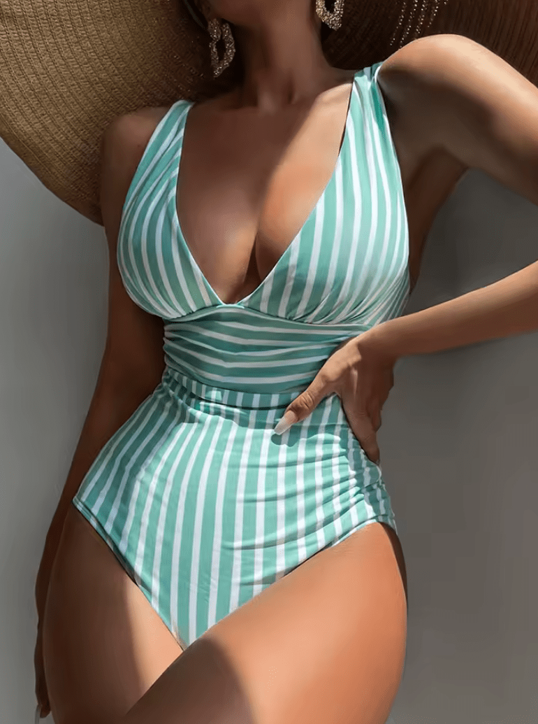 2025 Women’s Striped One Piece Swimsuit – Sexy V-Neck Bathing Suit, Tummy Control Swimwear, Summer Beachwear Bodysuit