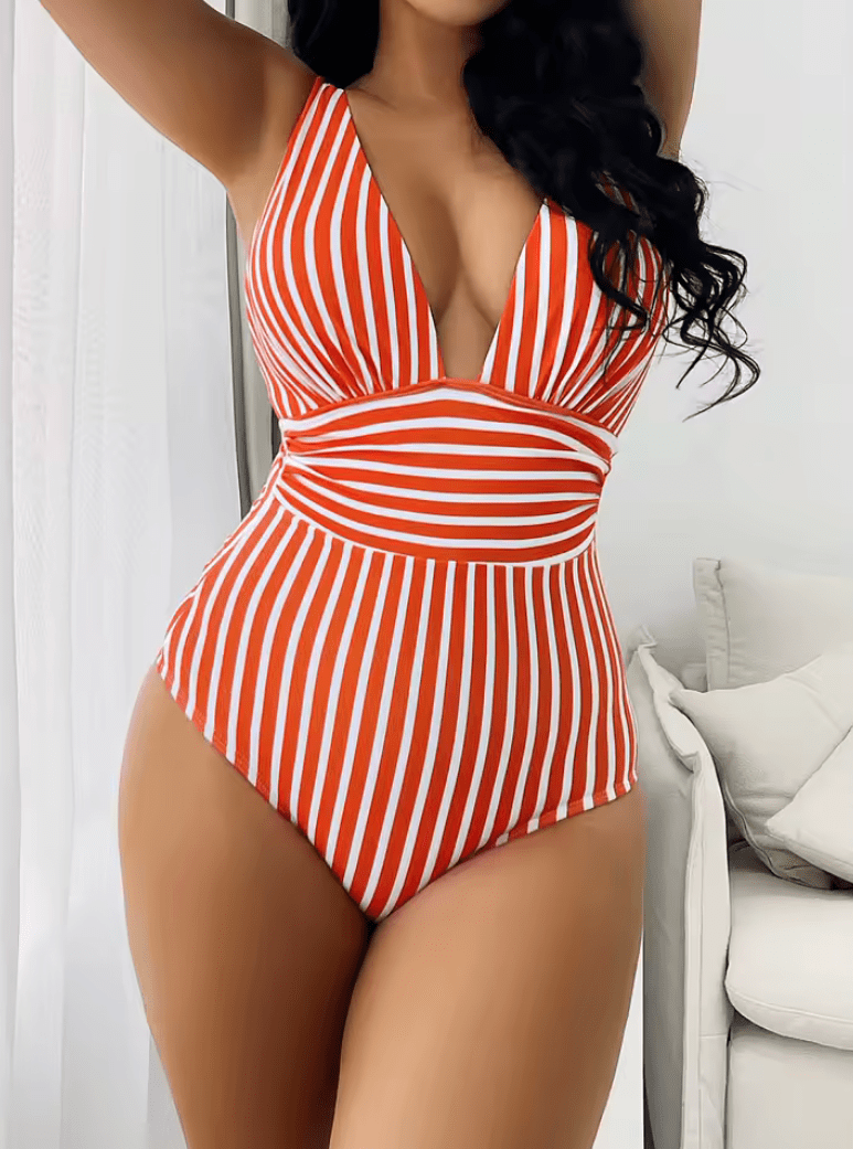 2025 Women’s Striped One Piece Swimsuit – Sexy V-Neck Bathing Suit, Tummy Control Swimwear, Summer Beachwear Bodysuit