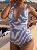 2025 Women’s Striped One Piece Swimsuit – Sexy V-Neck Bathing Suit, Tummy Control Swimwear, Summer Beachwear Bodysuit