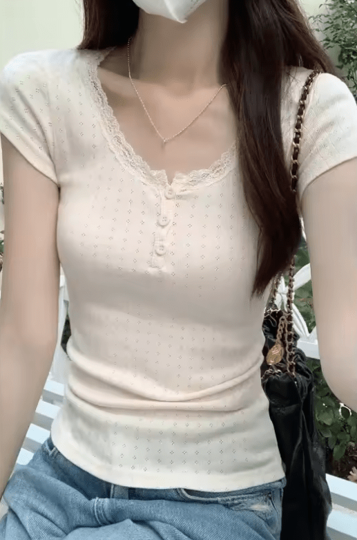 Women’s French Lace U-Neck Slim Fit T-Shirt – Short Sleeve, Summer Style, Elegant & Sexy Crop Top