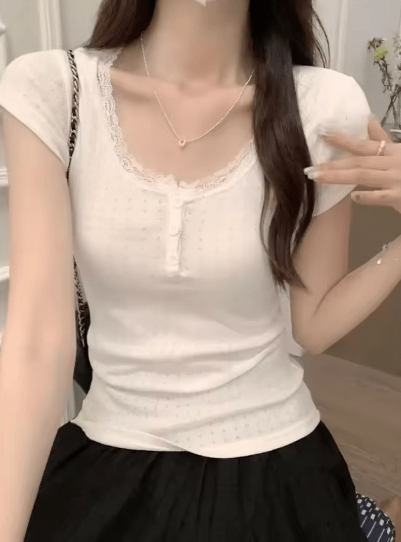 Women’s French Lace U-Neck Slim Fit T-Shirt – Short Sleeve, Summer Style, Elegant & Sexy Crop Top