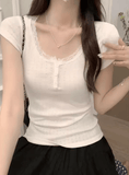 Women’s French Lace U-Neck Slim Fit T-Shirt – Short Sleeve, Summer Style, Elegant & Sexy Crop Top