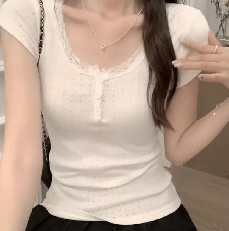 Women’s French Lace U-Neck Slim Fit T-Shirt – Short Sleeve, Summer Style, Elegant & Sexy Crop Top