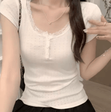 Women’s French Lace U-Neck Slim Fit T-Shirt – Short Sleeve, Summer Style, Elegant & Sexy Crop Top