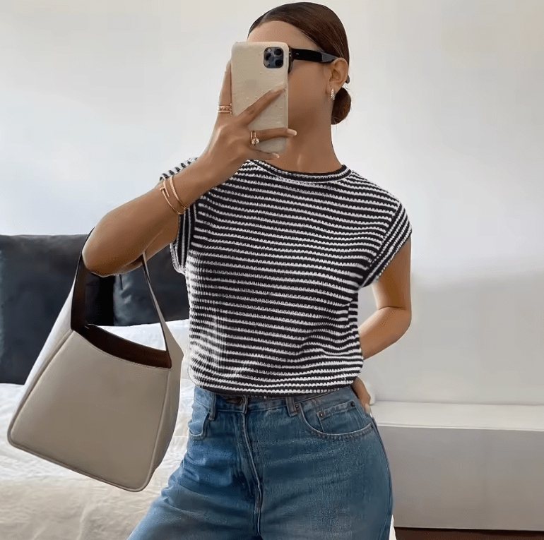 2025 Striped Short Sleeve T-Shirt for Women – Crew Neck, Cap Sleeves, Lightweight Summer Essential