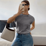 2025 Striped Short Sleeve T-Shirt for Women – Crew Neck, Cap Sleeves, Lightweight Summer Essential