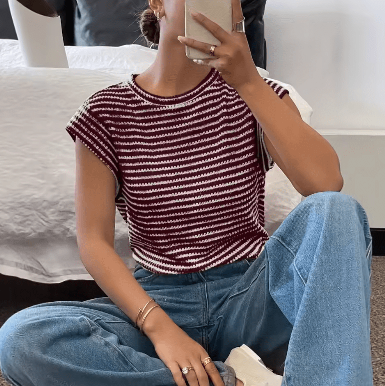 2025 Striped Short Sleeve T-Shirt for Women – Crew Neck, Cap Sleeves, Lightweight Summer Essential