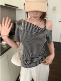 Elegant One-Shoulder Pleated T-Shirt for Women – Slim Fit, Cotton, Summer Short Sleeve Top