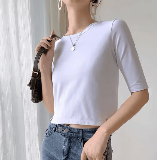 Women’s Slim Fit Cotton T-Shirt – Mid Sleeve, Crew Neck, Split Hem Crop Top