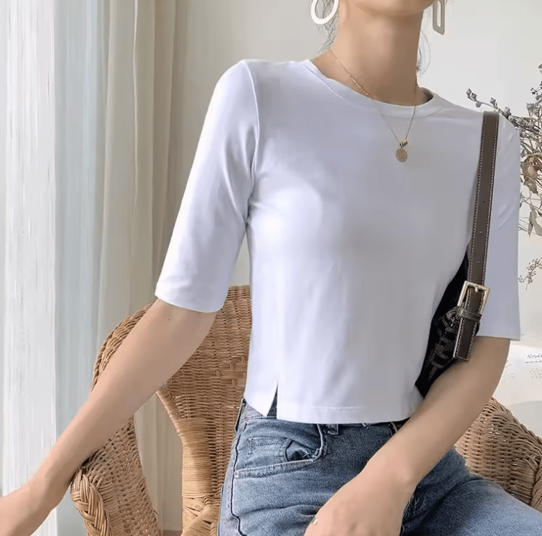 Women’s Slim Fit Cotton T-Shirt – Mid Sleeve, Crew Neck, Split Hem Crop Top