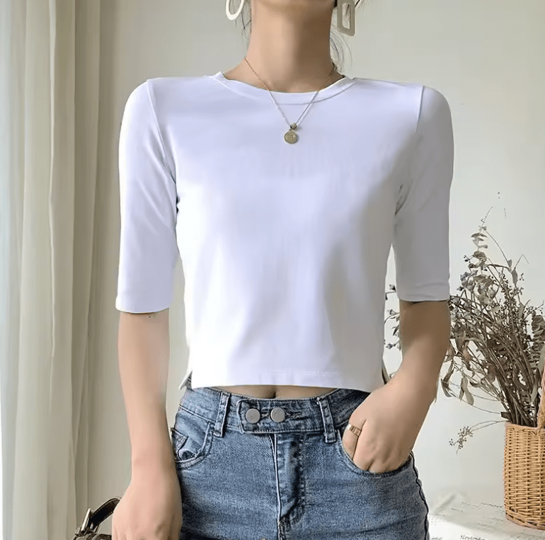 Women’s Slim Fit Cotton T-Shirt – Mid Sleeve, Crew Neck, Split Hem Crop Top