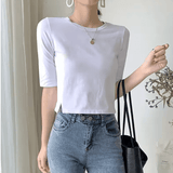 Women’s Slim Fit Cotton T-Shirt – Mid Sleeve, Crew Neck, Split Hem Crop Top