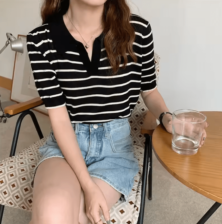 Women’s Slim Fit Polo Neck T-Shirt – Ice Silk Knit, Short Sleeve, Summer Fashion Top