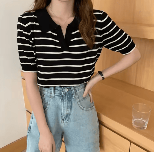 Women’s Slim Fit Polo Neck T-Shirt – Ice Silk Knit, Short Sleeve, Summer Fashion Top