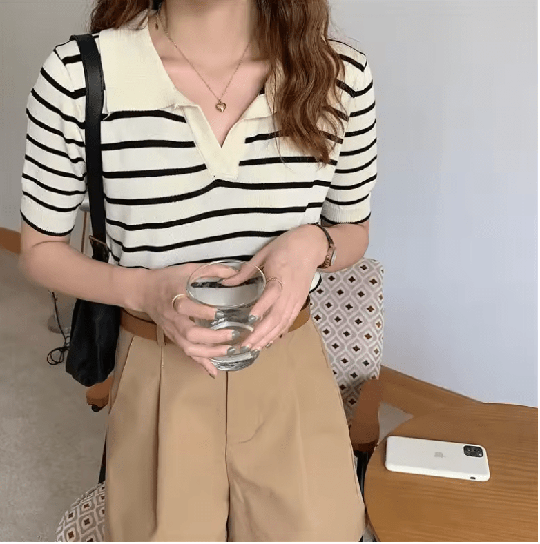 Women’s Slim Fit Polo Neck T-Shirt – Ice Silk Knit, Short Sleeve, Summer Fashion Top