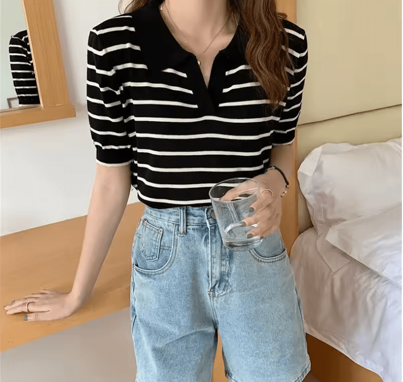 Women’s Slim Fit Polo Neck T-Shirt – Ice Silk Knit, Short Sleeve, Summer Fashion Top