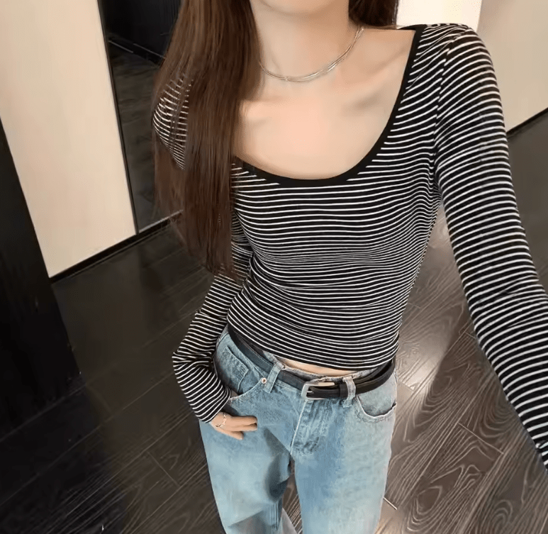 Women’s Slim Fit Long Sleeve T-Shirt – Round Neck, Korean Style, Spring/Autumn Top