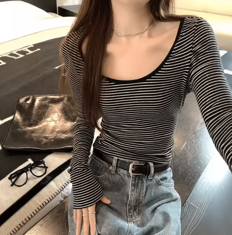 Women’s Slim Fit Long Sleeve T-Shirt – Round Neck, Korean Style, Spring/Autumn Top
