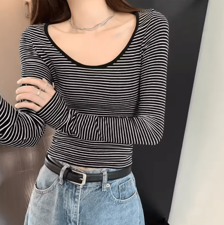 Women’s Slim Fit Long Sleeve T-Shirt – Round Neck, Korean Style, Spring/Autumn Top