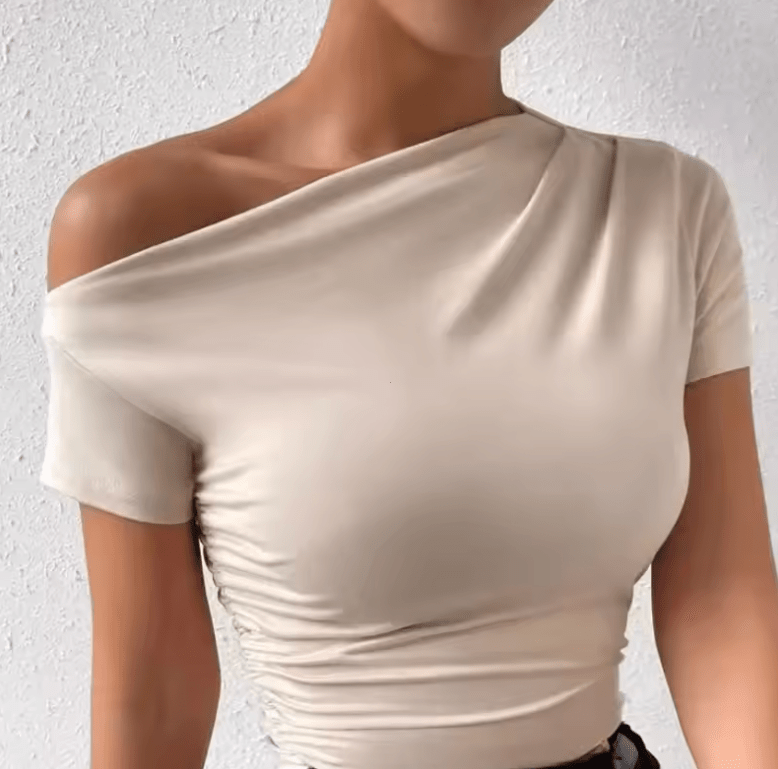Women’s One-Shoulder T-Shirt – Solid Color, Pleated Short Sleeve, Spring/Summer Fashion Top