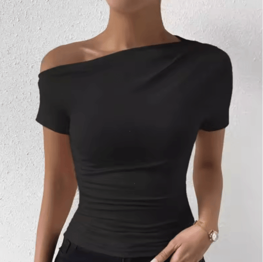 Women’s One-Shoulder T-Shirt – Solid Color, Pleated Short Sleeve, Spring/Summer Fashion Top