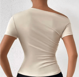Women’s One-Shoulder T-Shirt – Solid Color, Pleated Short Sleeve, Spring/Summer Fashion Top