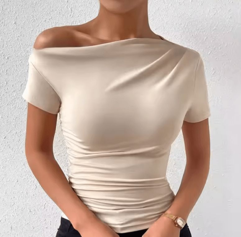 Women’s One-Shoulder T-Shirt – Solid Color, Pleated Short Sleeve, Spring/Summer Fashion Top
