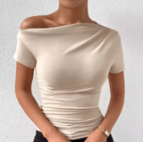 Women’s One-Shoulder T-Shirt – Solid Color, Pleated Short Sleeve, Spring/Summer Fashion Top