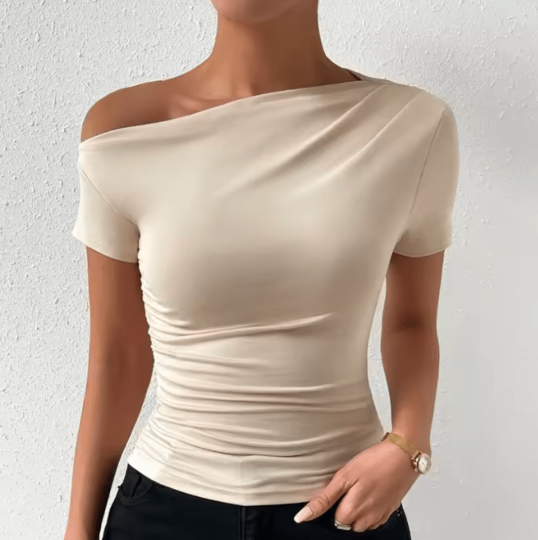 Women’s One-Shoulder T-Shirt – Solid Color, Pleated Short Sleeve, Spring/Summer Fashion Top