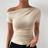 Women’s One-Shoulder T-Shirt – Solid Color, Pleated Short Sleeve, Spring/Summer Fashion Top