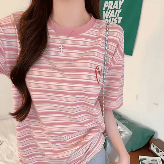 Women’s Pink Striped T-Shirt – Loose Fit, Cotton, Short Sleeve Summer Top