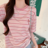Women’s Pink Striped T-Shirt – Loose Fit, Cotton, Short Sleeve Summer Top