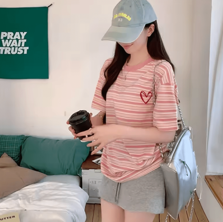 Women’s Pink Striped T-Shirt – Loose Fit, Cotton, Short Sleeve Summer Top