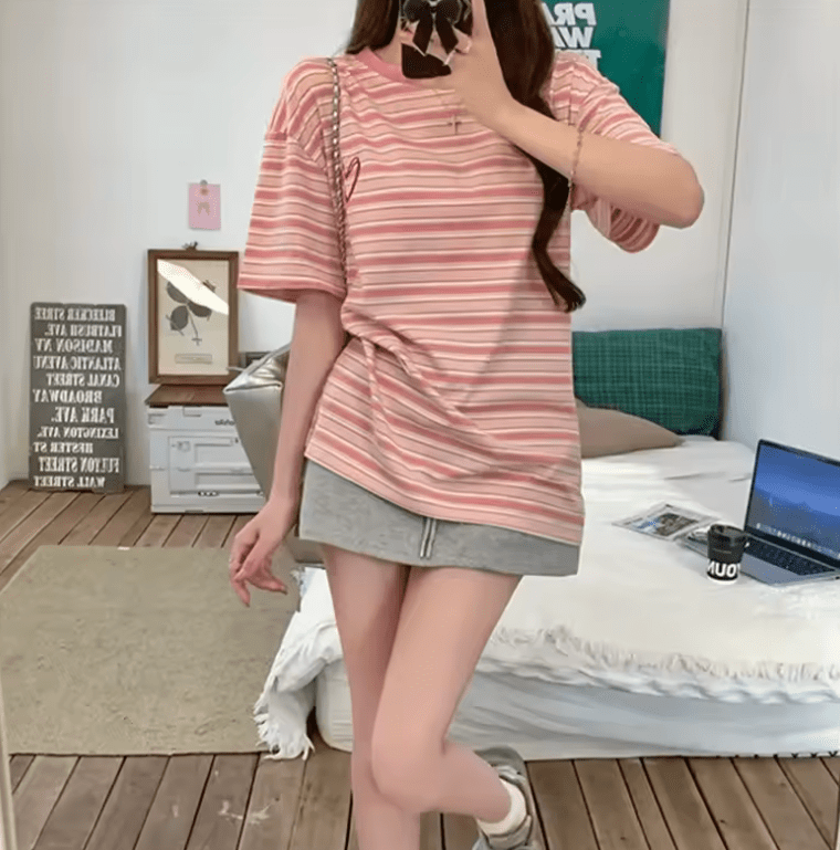 Women’s Pink Striped T-Shirt – Loose Fit, Cotton, Short Sleeve Summer Top
