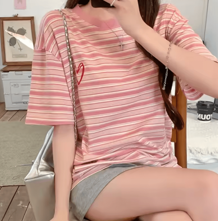 Women’s Pink Striped T-Shirt – Loose Fit, Cotton, Short Sleeve Summer Top