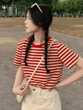 Women’s Red Striped T-Shirt – Loose Fit, Short Sleeve, Vintage Korean Style Summer Top