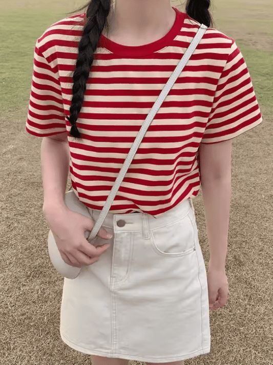 Women’s Red Striped T-Shirt – Loose Fit, Short Sleeve, Vintage Korean Style Summer Top