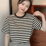 Women’s Red Striped T-Shirt – Loose Fit, Short Sleeve, Vintage Korean Style Summer Top