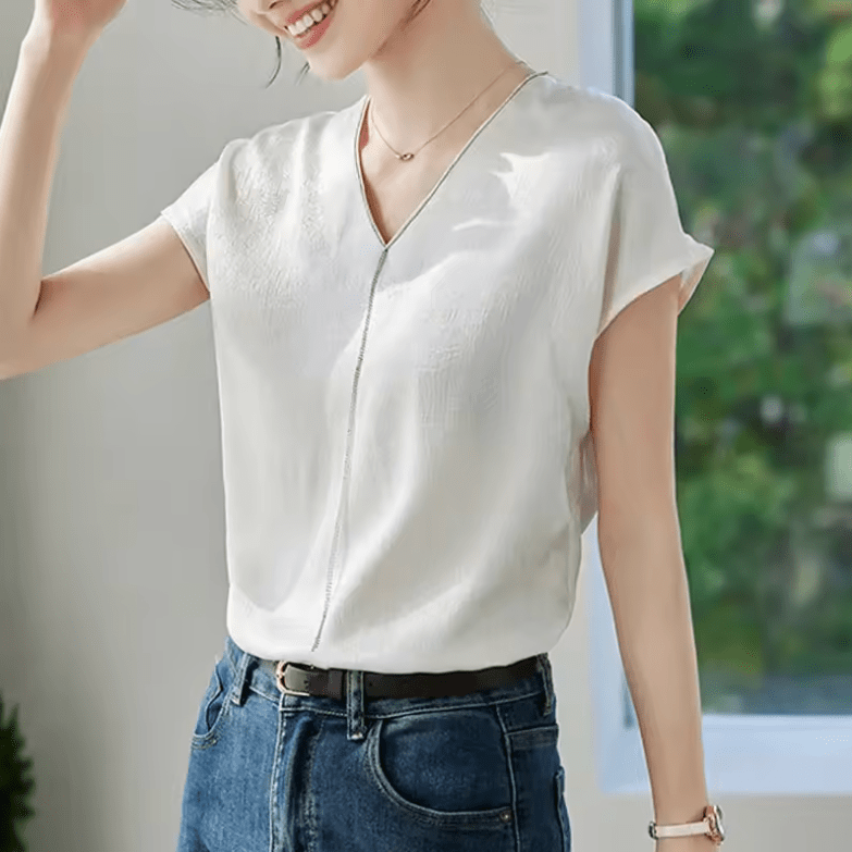 Women’s V-Neck Tassel Blouse – Summer 2025 Fashion Short Sleeve Top