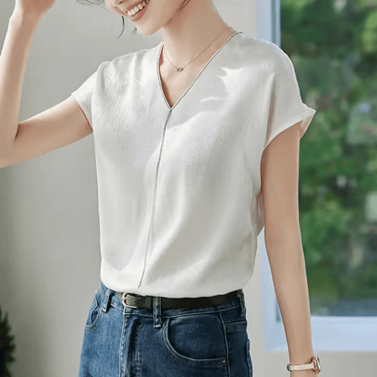 Women’s V-Neck Tassel Blouse – Summer 2025 Fashion Short Sleeve Top