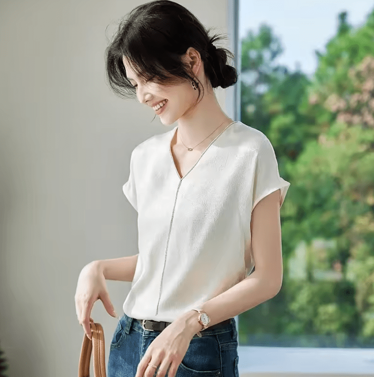 Women’s V-Neck Tassel Blouse – Summer 2025 Fashion Short Sleeve Top
