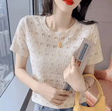 Women’s Lace T-Shirt – French Round Neck Short Sleeve Summer Top